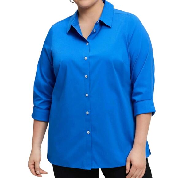 NEW Foxcroft 3x Evelyn Top 3/4 Sleeve Cobalt Blue Button Down No Iron Plus Size - Picture 1 of 7